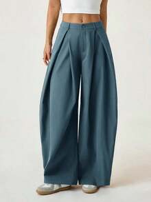 Pantalones anchos de verano con dobladillo curvo verde, estilo vintage, casual y para salir - Azul - Ver 3