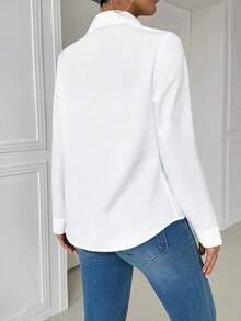 Blusa blanca casual con cuello y bolsillo, de manga larga ajustada para mujeres - Blanco 6 - Ver 2