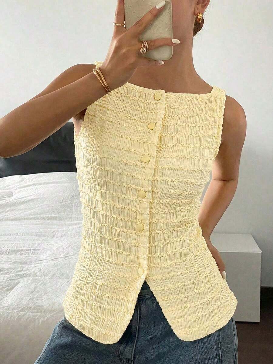 Blusa elegante sin mangas con botones delanteros y estampado de rayas para mujer - amarillo ganso - Ver 1