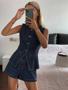Traje de negocios casual de verano de mujer de mezclilla - Azul lavado oscuro - Ver 3