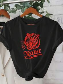 Camiseta de manga corta de verano para mujer, 1 pieza, diseño geométrico 2D de cabeza de tigre rugiente, encanto salvaje. treettyle |   Diseño Juvenil |   Ajuste cómodo, ropa linda - Camiseta unisex de algodón holgada de manga corta y cuello redondo estilo vintage. - Negro - Ver 7