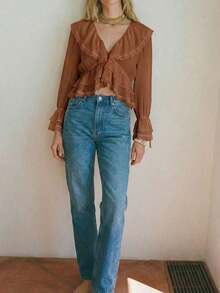 Blusa con botones y mangas con volantes con estampado floral de verano - Marrón - Ver 2