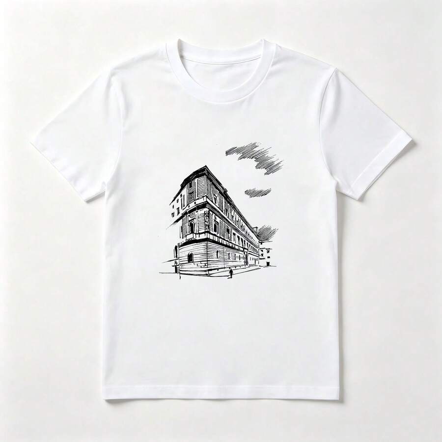 Edificio Europeo Playera de Algodón Blanca Boceto de Calle - Blanco - Ver 1