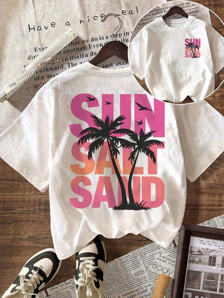 Parte Superior Casual de Mujer Impresa por Ambos Lados, Adecuada para Primavera y Verano, Adoptando un Diseño de Estilo Fresco, Camiseta de Manga Corta de unicolor con Cuello Redondo Impresa con Palmera y Texto "SOL SAL ARENA", Ropa de Vacaciones Blanca - Blanco - Ver 1