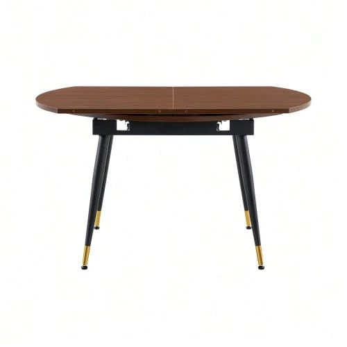 Modern Extendable Dining Table, Transforms From Round To Oval, MDF Tabletop In Black/Walnut With Gold Details, Sturdy Metal Legs, Saves Space In The Kitchen And Dining Room. - Brown - View 1