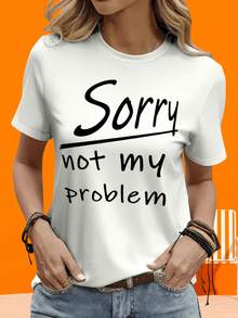Camiseta Gráfica de Fiesta "Sorry Not My Problem" para Mujer, Casual, de Manga Corta, Camiseta Gráfica de Moda para Uso Diario, Camiseta de Manga Corta para Mujer en Blanco y Negro, Dos Camisetas para Ocio al Aire Libre y Hogar. - Blanco - Ver 1