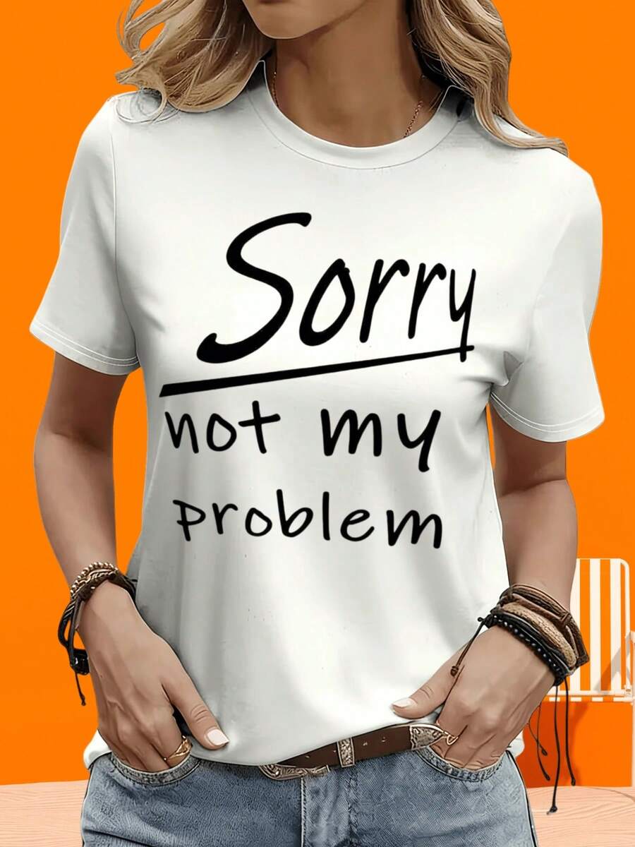 Camiseta Gráfica de Fiesta "Sorry Not My Problem" para Mujer, Casual, de Manga Corta, Camiseta Gráfica de Moda para Uso Diario, Camiseta de Manga Corta para Mujer en Blanco y Negro, Dos Camisetas para Ocio al Aire Libre y Hogar. - Blanco - Ver 1