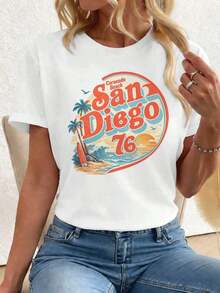 Camiseta de mujer con estampado vintage playero, cuello redondo, corte holgado, estilo casual y cómodo, con estampado artístico.Suitable for spring, summer and autumn - Blanco - Ver 1