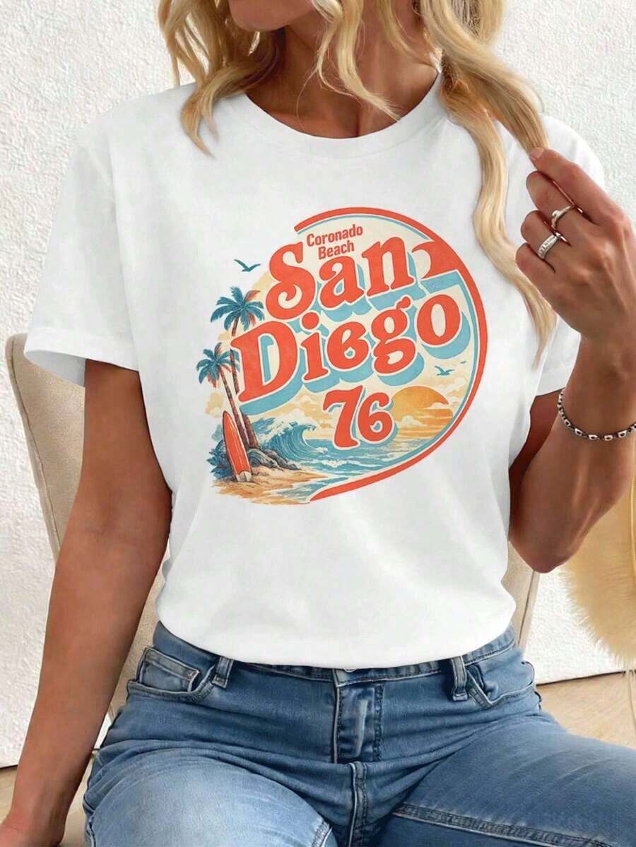 Camiseta de mujer con estampado vintage playero, cuello redondo, corte holgado, estilo casual y cómodo, con estampado artístico.Suitable for spring, summer and autumn - Blanco - Ver 1