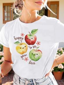 Camiseta con Estampado Gráfico Positivo de Manzana "Happy to See Your Face", Manga Corta, Cuello Redondo, Estilo Casual para Verano y Primavera, Ropa de Mujer, Adecuada para primavera, veran - Blanco - Ver 2
