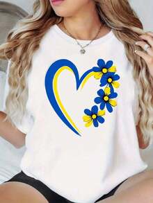 Camiseta con Estampado de Corazón y Flores para Mujer - Blanca, Manga Corta, Casual, con Diseño Floral Azul y Amarillo, 100% Algodón - Blanco - Ver 1