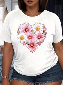 Camiseta Blanca con Diseño de Corazón Floral para Mujer, Top Casual de Verano con Estampado Gráfico de Margaritas y Flores Rosas, Cuello Redondo, Manga Corta, 220g, 100% Algodón - Blanco - Ver 6