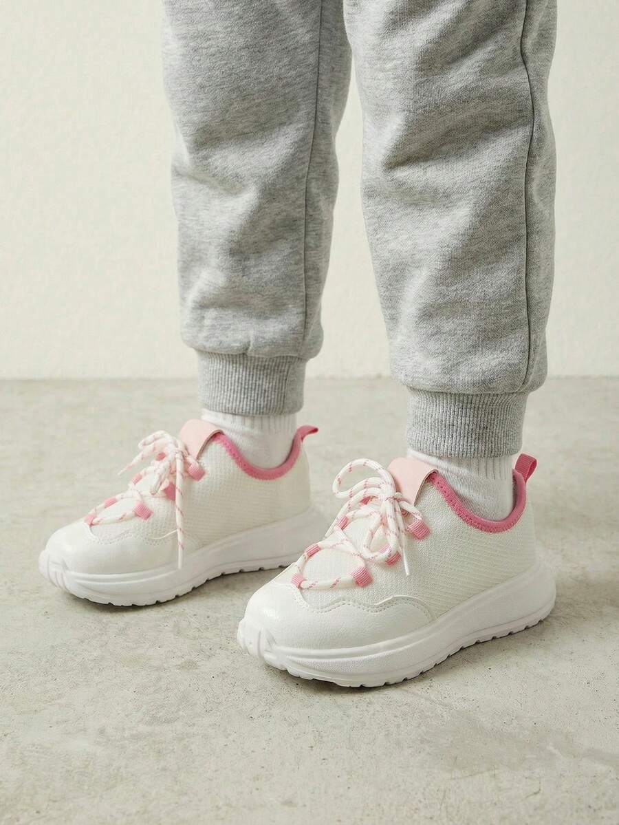 1 Pair New Kids' Colorblock Mesh Sneakers, White & Pink, Minimalist Casual Shoes With Criss-Cross Laces, Suitable For School, Outdoor Activities, And Daily Wear - powder white - View 1