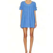 Baby Doll Mini Dress For Women Summer Solid Color Loose Bubble Short Sleeve Scoop Neck Dress - Rửa trung bình - Xem 1