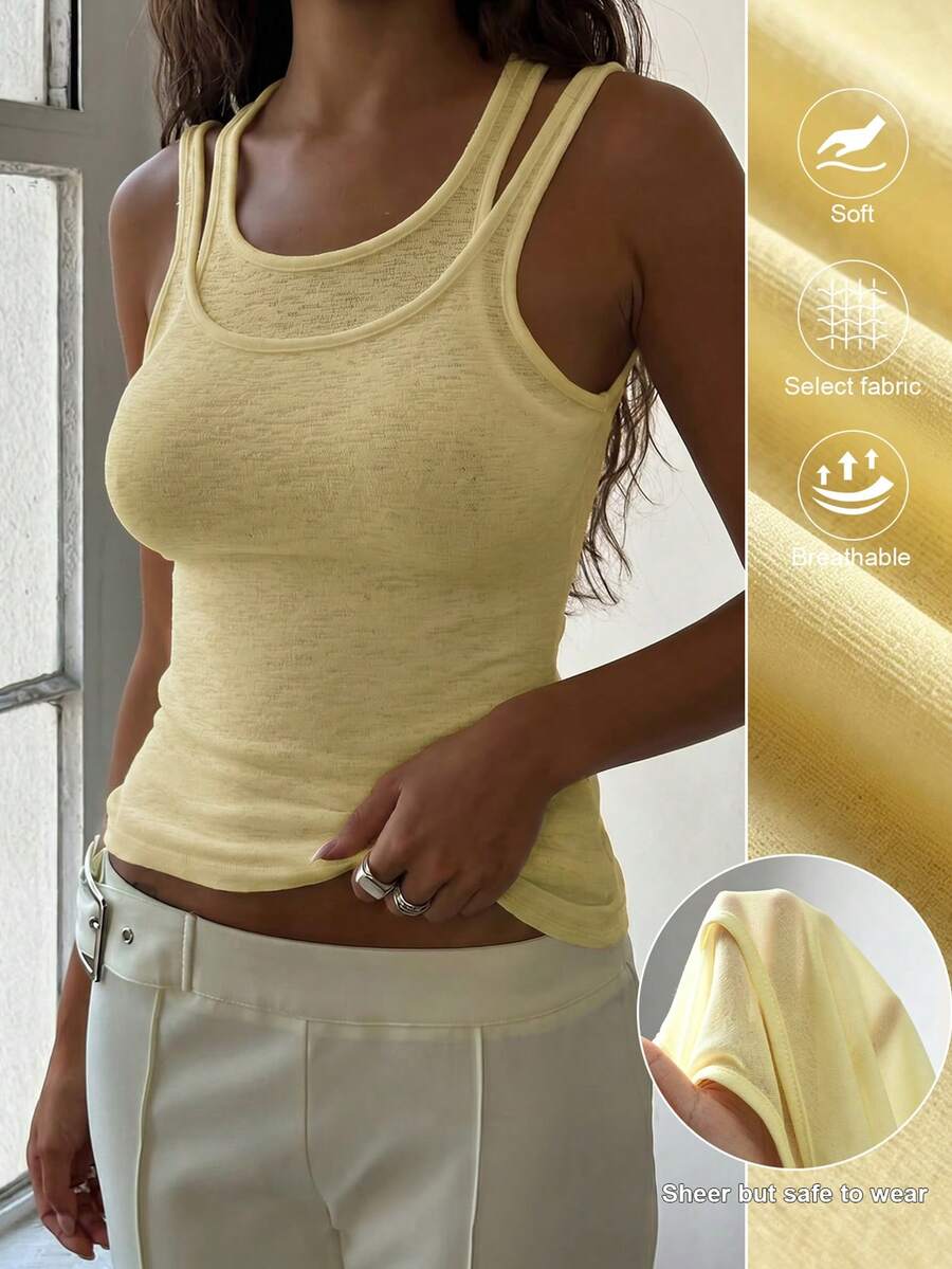 Sleeveless Double-Layer Casual Tank Top, Standard Size, Spring/Summer - Pale Yellow - View 1