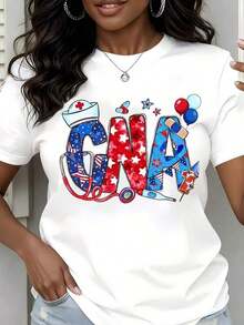 Regalo: 1 camiseta blanca para mujer con estampado de estrellas de enfermera CNA, cuello redondo, camiseta casual de algodón, tejido de punto de elasticidad media, corte regular para damas, para primavera/verano/otoño, suave. - Blanco - Ver 1