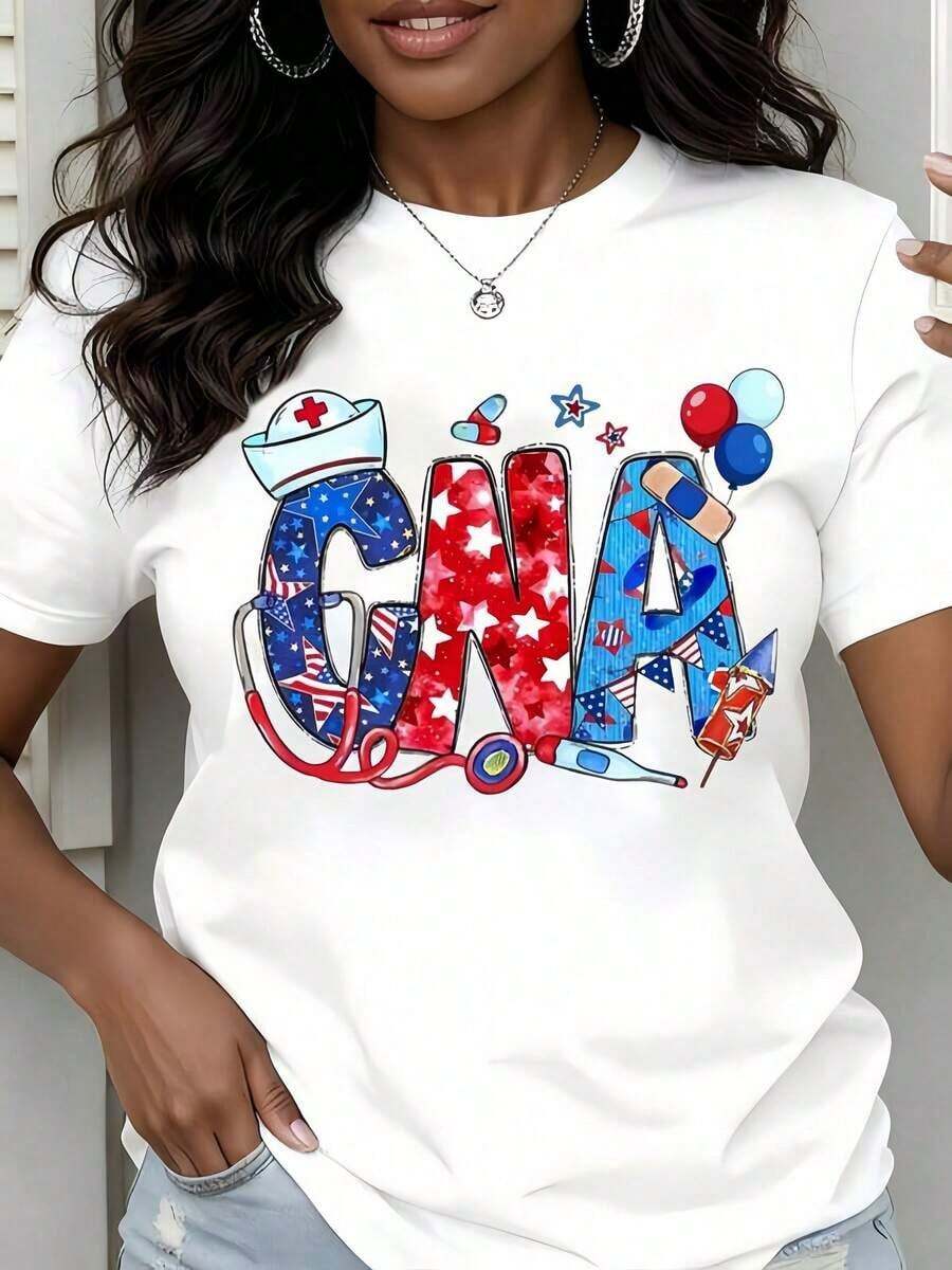 Regalo: 1 camiseta blanca para mujer con estampado de estrellas de enfermera CNA, cuello redondo, camiseta casual de algodón, tejido de punto de elasticidad media, corte regular para damas, para primavera/verano/otoño, suave. - Blanco - Ver 1