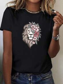 1 pieza de camiseta con estampado de corazón de oso de peluche para el Día de San Valentín, camiseta casual de manga corta con cuello redondo para mujer, diseño de dibujos animados, cam - Negro 2 - Ver 7