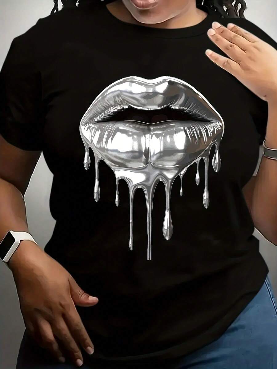 Camiseta de verano premium para mujer con estampado. Diseño estampado: labios metálicos plateados con líquido plateado goteando. Diseño de cuello redondo. Moderna y versátil. Un gran regalo para seres queridos. - Negro - Ver 1