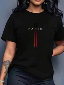 Women's Minimalist Paris Letter Print Short Sleeve T-Shirt, Versatile And Elegant Black Top - 黑色 - 查看 1