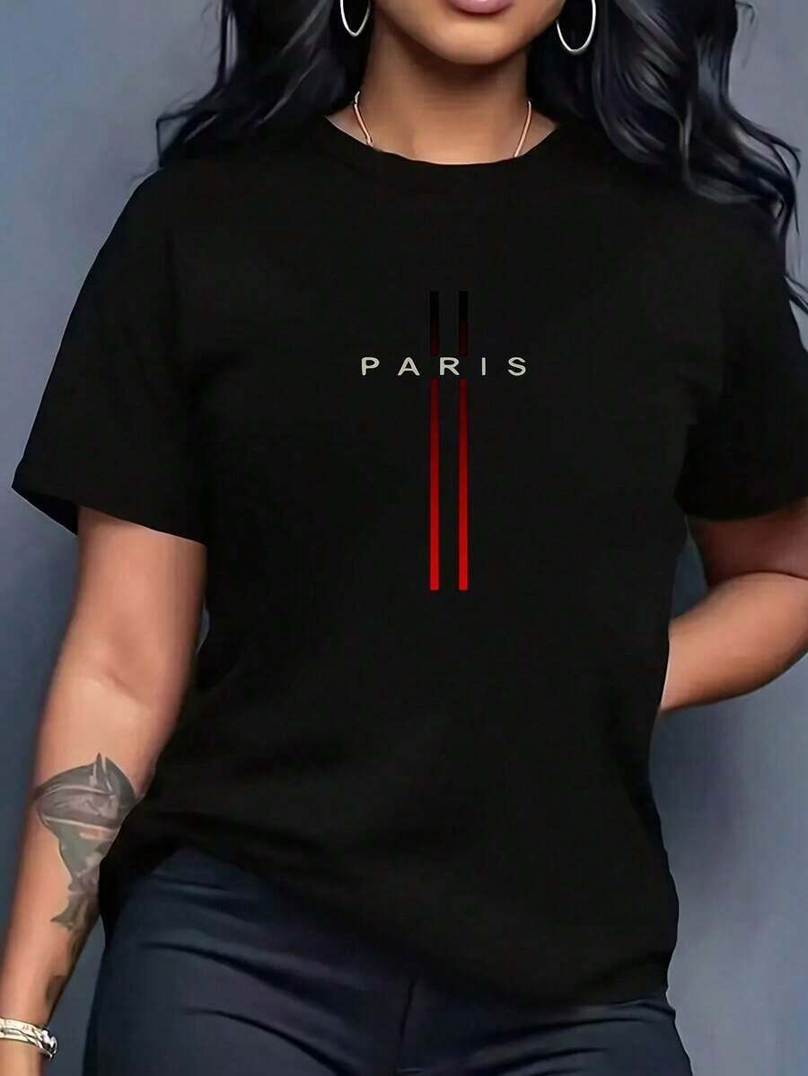 Women's Minimalist Paris Letter Print Short Sleeve T-Shirt, Versatile And Elegant Black Top - 黑色 - 查看 1