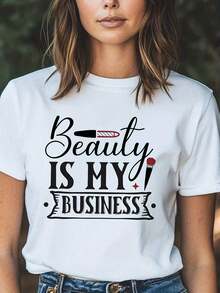 Camiseta de Mujer "La Belleza Es Mi Negocio" con Iconos de Brocha de Maquillaje y Lápiz Labial - Blusa Blanca de Manga Corta, Cuello Redondo, Suave y Transpirable, Corte Holgado, Estilo Casual para Profesionales de la Belleza, Cosmetólogos (Lavable a Máquina)blusas para mujer>ropa - Blanco - Ver 1
