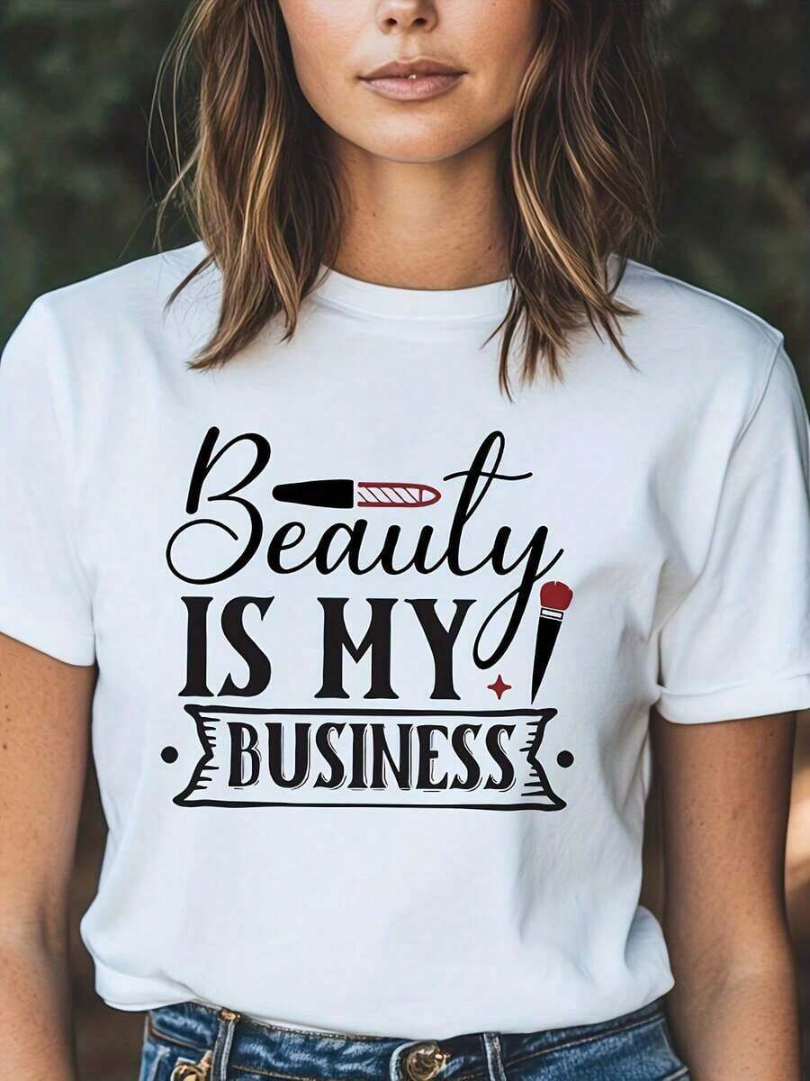 Camiseta de Mujer "La Belleza Es Mi Negocio" con Iconos de Brocha de Maquillaje y Lápiz Labial - Blusa Blanca de Manga Corta, Cuello Redondo, Suave y Transpirable, Corte Holgado, Estilo Casual para Profesionales de la Belleza, Cosmetólogos (Lavable a Máquina)blusas para mujer>ropa - Blanco - Ver 1