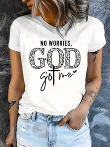 1 Piece Women's T-Shirt "God Got Me", Comfortable Round Neck, Casual Cotton Blend, Short Sleeve, Soft And Breathable, Women's Clothing, Summer And Spring T-Shirt, Urban Style, 180g 100% Cotton Fabric - 白色 - 查看 1