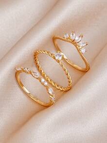 Bộ 3 chiếc nhẫn Cubic Zirconia tinh tế, thích hợp cho nữ đeo hàng ngày, hẹn hò, đám cưới, tiệc tùng, đeo nhiều chiếc cùng lúc, làm quà tặng cô dâu. - Vàng - Xem 6