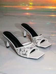 White Lace Slip-On Sandals, Square Toe Slim Heel Mid-Heel, Suitable For Dates And Commuting - White - View 6