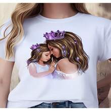 Women's Sexy Casual Elegant Round Neck Short Sleeve Cotton T-Shirt With Mother Daughter Print - 白色 - 查看 1