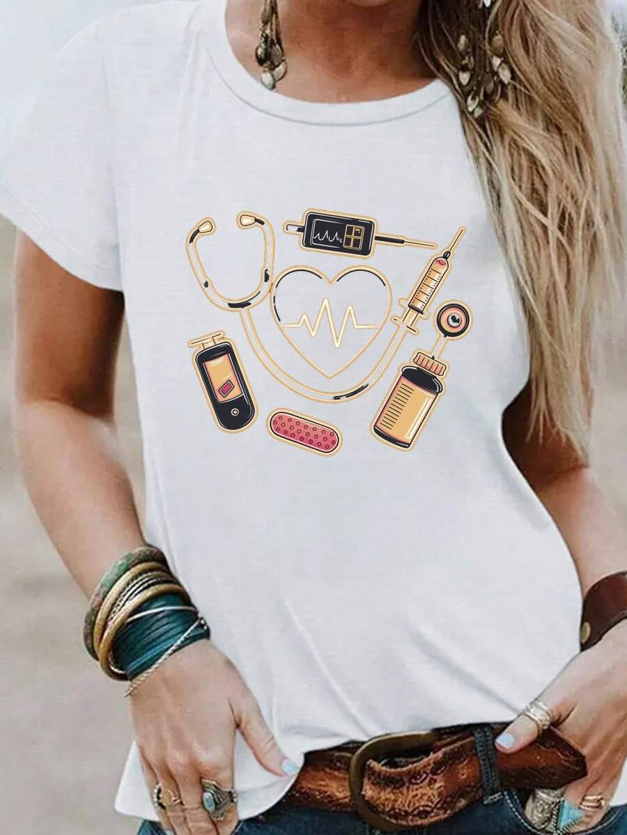 Camiseta con Estampado de Corazón para Profesionales de la Salud, Versátil, Casual, de Cuello Redondo y Manga Corta - Blanco - Ver 1