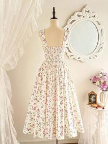 Women's Elegant Vintage Dress With Pockets, Featuring A Ruched Bodysuit With A Tiny Floral Print, Spaghetti Straps, And A Casual Design Suitable For Parties, Vacations, Summer Wear, Prom, Birthdays, Weddings, As A Wedding Guest Dress, Or A Spring Dress. - 紅色 - 查看 7