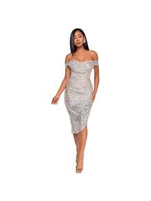 Women's Champagne-Colored Sequined Dress, Off-Shoulder Draped Design, Asymmetrical Side Slit, Stretchy Shiny Fabric Ideal For Summer Parties, Weddings As A Guest And Elegant Outdoor Dinners, Sexy Glamorous Style Perfect For Celebrations And Formal Events - 白色 - 查看 3