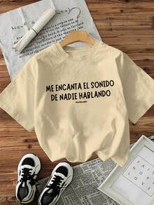 Stylish And Simple English Slogan Print Pattern Summer Women's Casual Fashion Round Neck T-Shirt Y2K Style Sportswear, Round Neck, 100% Cotton, Soft Fabric, Short Sleeve. - 杏色 - 查看 1