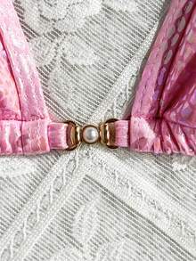 Snake Skin Print Backless Lace-Up Swimwear, Sexy Backless Thong Bikini For Beach Holiday, Summer Vacation - Hot Pink - View 5
