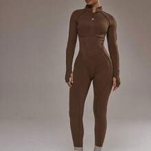 Sport Contrast Piping Zip Through Open Back Fitted Long Sleeve Jumpsuit Padel Activewear Sport Gym Workout Yoga Pilates Fitness Daily Casual - Azul Marino - Ver 5