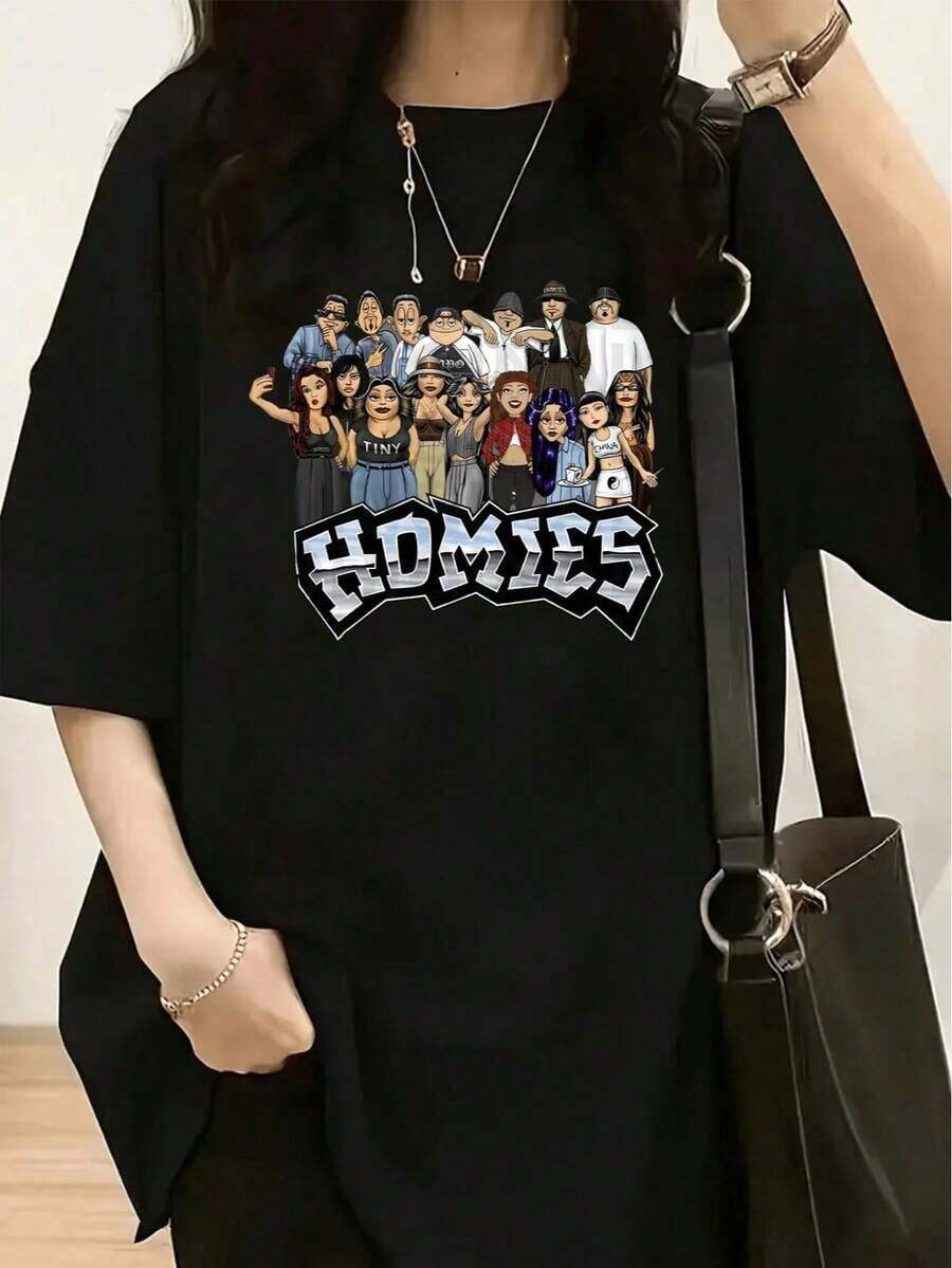 1 Piece Homies Good Buddies Cartoon Print T-Shirt - Women's Casual Short Sleeve Crew Neck T-Shirt, Soft Cotton, 180g, 100% Cotton. - 黑色 2 - 查看 1