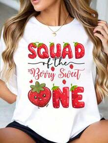 1 Piece Women's "Squad Of The Berry Sweet One Strawberry" 100% Cotton T-Shirt For First Birthday, 180g 100% Cotton. - 白色 - 查看 1