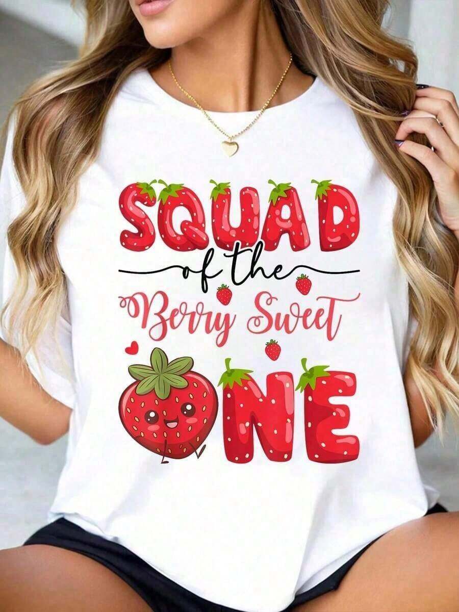 1 Piece Women's "Squad Of The Berry Sweet One Strawberry" 100% Cotton T-Shirt For First Birthday, 180g 100% Cotton. - 白色 - 查看 1