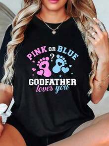 1 Piece T-Shirt For Mother's Day, Gender Reveal, Godfather, Summer Tops, Short Sleeve, Round Neck, Casual T-Shirt For Summer And Spring, Women's Clothing, 180g 100% Cotton - 黑色 - 查看 7