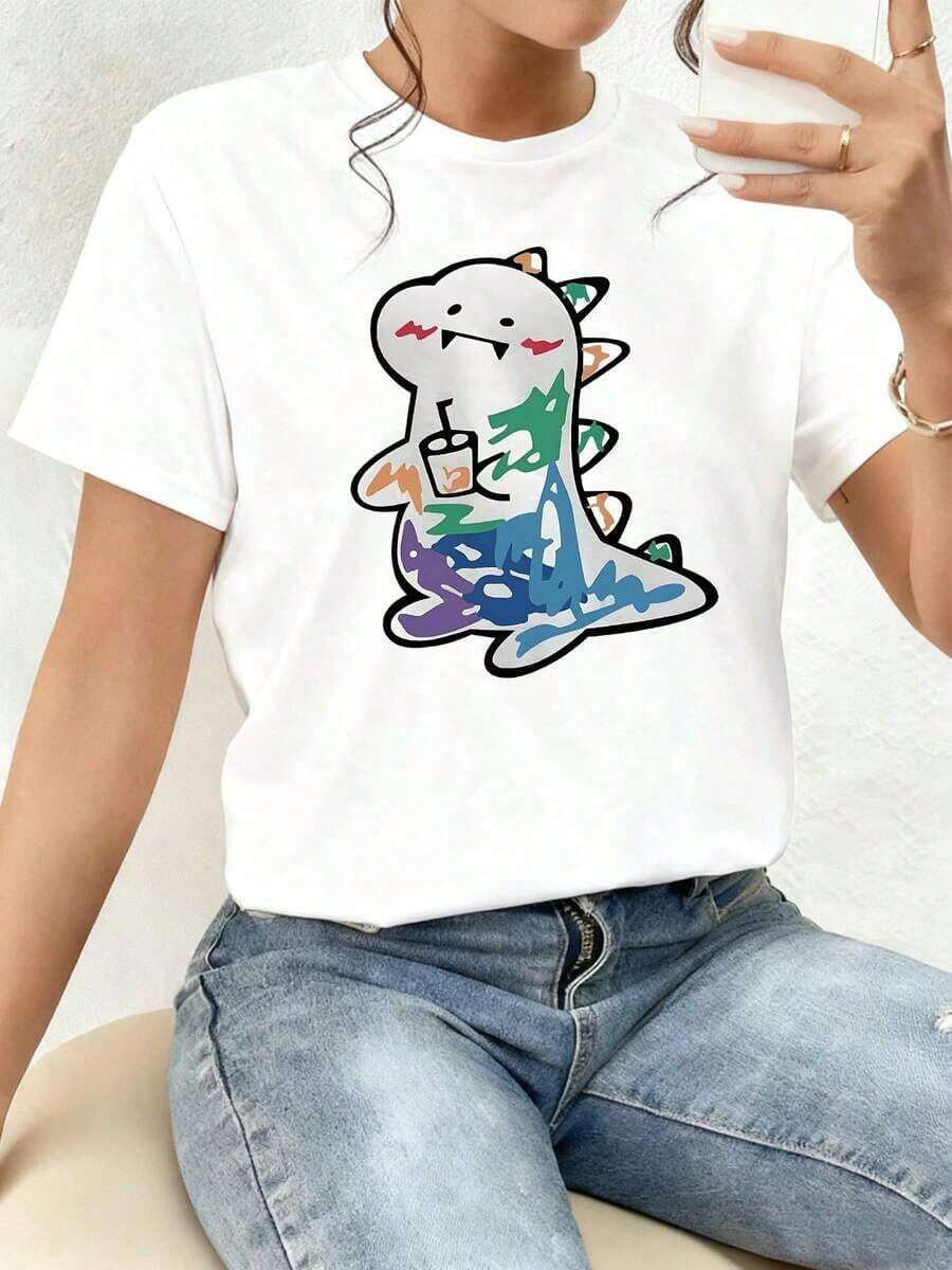 White Dinosaur Figure With Vibrant Color Details That Convey Energy, Joy And A Sense Of Freedom While Holding A Modern Drink, Inspiring Urban Fun. Women's 100% Cotton T-Shirt, Comfortable And Modern For Everyday Wear. Comfortable Clothing. - 白色 - 查看 1