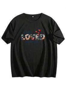 Women's Casual Cotton T-Shirt, Round Neck, Short Sleeve, With "Lovely Loved Mamaw" Graphic Print, Drop Shoulders, Perfect As A Mother's Day Gift - 黑色 - 查看 2