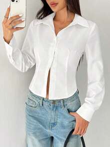 Camisa básica de manga larga informal con cintura recogida - Blanco - Ver 7