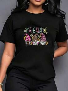 Yeehaw Women's Western Gnome Sunflower Cowgirl Graphic Print T-Shirt, Casual Summer Short Sleeve Tee, Everyday Basic Women's Shirts - 黑色 - 查看 6