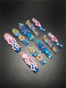 10-Piece 5.5cm Pure Handmade Coffin-Shaped Wearable Nails, Featuring Rhinestone, Jellyfish, Spotted, And Flower Decorations. A Press-On Nail Set Suitable For Women And Girls, Ideal For Valentine's Day, Parties, Holidays, And Daily Wear. Nail Accessories, Acrylic Nail Sets, Hand-Pressed Manicures, Fake Nail Stickers, And Manicure Supplies. - Multicolor - View 3