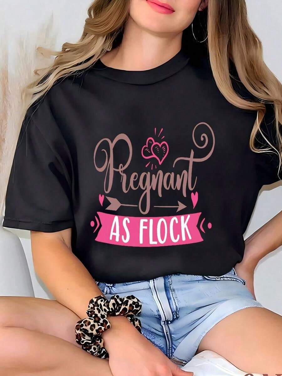 100% Cotton T-Shirt With Funny "Pregnant As Flock" Print, Casual Short Sleeve T-Shirt For Women, Maternity Streetwear, Soft Breathable Top For Everyday Wear And Pregnancy Announcements, Plus Size Available - 黑色 - 查看 1