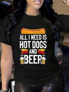 100% Cotton Adult T-Shirt With Hot Dog And Beer Print, For Men And Women, Soft And Breathable, Classic Style, Summer Fashion, Short Sleeve Printed T-Shirt, Round Neck, Casual For Daily Wear, Excellent Gifts For Friends And Family, 100% Cotton T-Shirts With Youthful And Modern Design, Casual Blouses For Women. - 黑色 - 查看 1