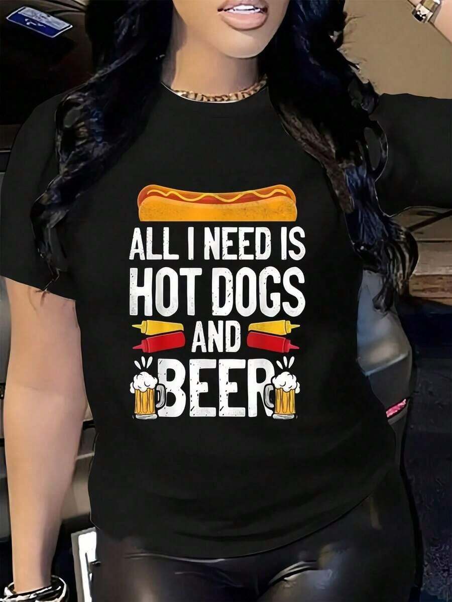 100% Cotton Adult T-Shirt With Hot Dog And Beer Print, For Men And Women, Soft And Breathable, Classic Style, Summer Fashion, Short Sleeve Printed T-Shirt, Round Neck, Casual For Daily Wear, Excellent Gifts For Friends And Family, 100% Cotton T-Shirts With Youthful And Modern Design, Casual Blouses For Women. - 黑色 - 查看 1