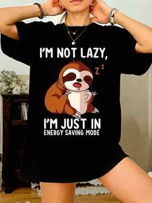 Womens Oversized Cotton Short Sleeve T Shirt Funny Sloth 'I'm Not Lazy, I'm Jusn Energy Sing Mode' Printed Casual Summer Graphic Tee For Her Gift Round Neck Printed Short Sleeve Casual Everyday T-Shirt, They Are Excellent Gifts For Friends And Family,100% Cotton T-Shirts Feature, A Youthful And Fashionable Design Blusas Para Mujer Casual - 黑色 - 查看 6